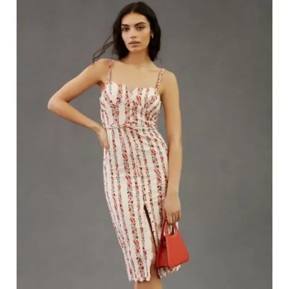 Anthropologie Slim Scalloped Corset Dress Floral Striped Belted Button Slit Midi - Picture 3 of 14